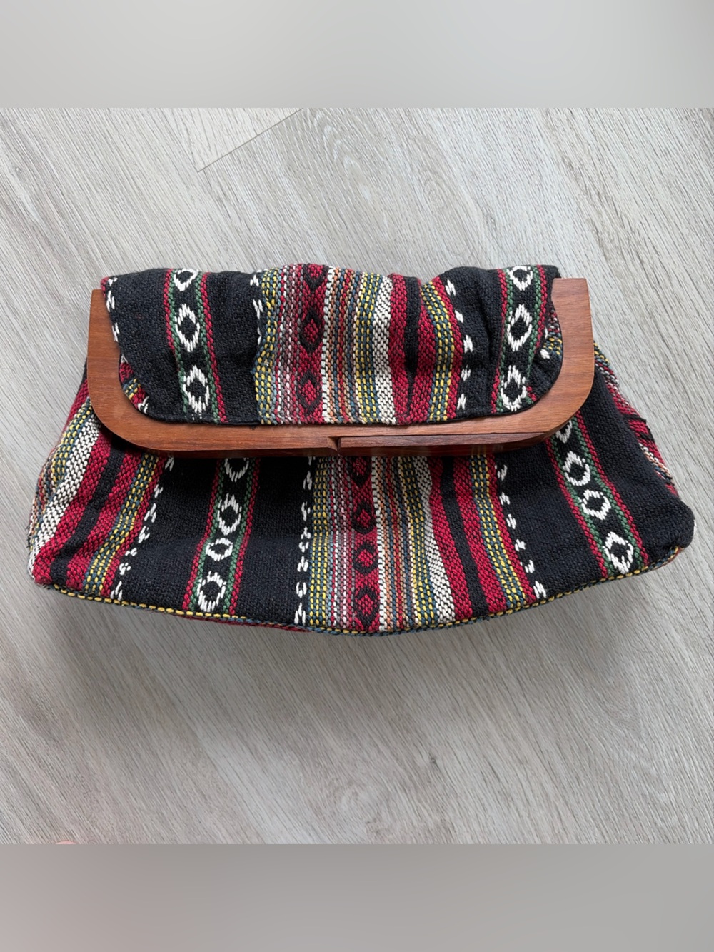 Vintage Woven Clutch Boho Hippie Purse Handbag Made in India Wooden Closure